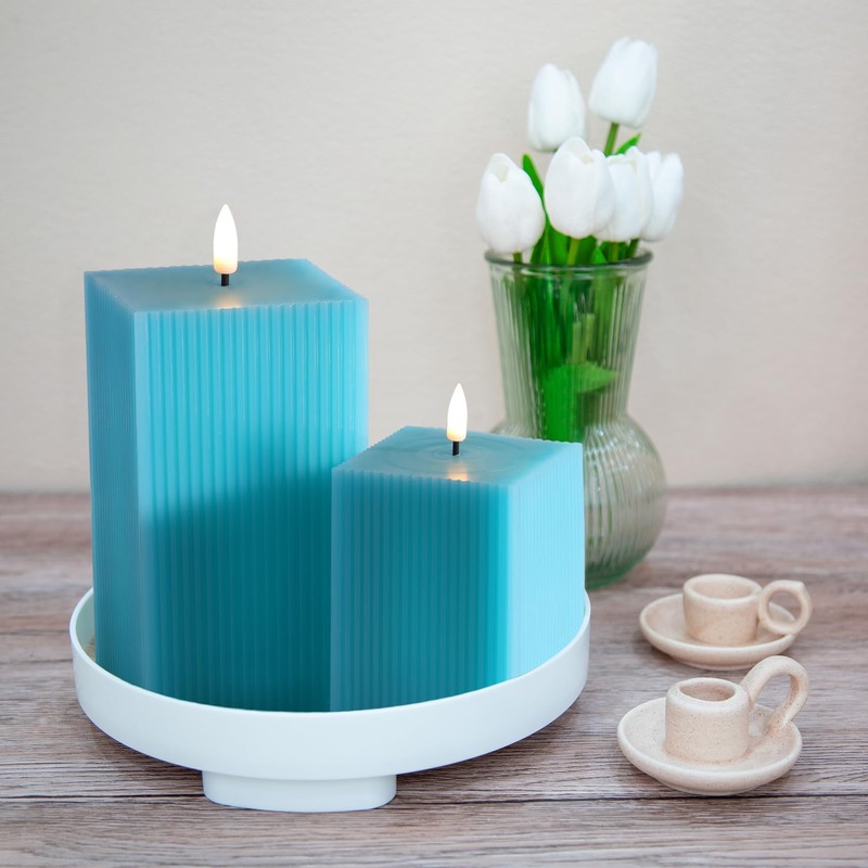 Girimax Turquoise Blue Square Ribbed Flameless Candles with Remote, Flickering