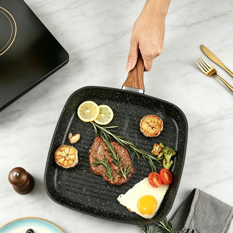 YYJINGYOU 11 inch Nonstick Grill Pan for Steak, Granite Coating