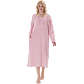 Keyocean Nightgowns for Women with Pockets Soft Cotton Comfy Lightweight Long Sleeves Ladies Nightdress Candy Pink