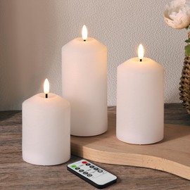 Girimax White Flameless Pillar Candles with Remote, Real Wax LED Candles Battery Powered Flickering Set of 3