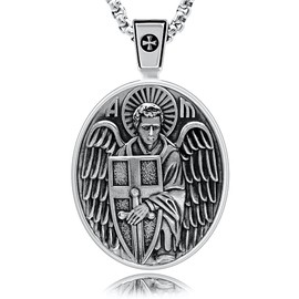 VENICEBEE® Archangel St. Michael Medal Sword Cross Shield Protection Christian Amulet 925 Sterling Silver Pendant Necklace + Velvet Pouch, Polishing Cloth, Gift Box - Plata Arcángel San Miguel