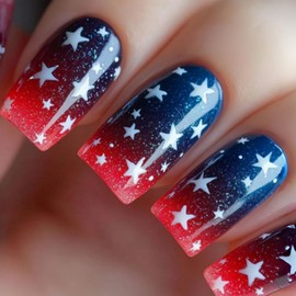 24Pcs 4th of July Press on Nails Medium Square Fake Nails with Red Blue White Gradient Designs Patriotic Star False Nails Independence Day Acrylic Nails Fourth of July Glue on Nails for Women Girls
