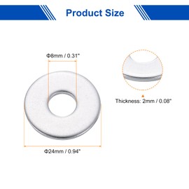 uxcell 50 Pcs M8 Flat Washer, 8x24x2mm Thickened 304 Stainless Steel Flat Spacers for Screw, Bolt, Automotive, Industrial Machinery