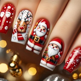 Christmas Press on Nails Medium Square Winter Tip Fake Nails White Snowflake Red False Nails with Designs Santa Claus & Reindeer Heart Glossy Glue on Nails Xmas Acrylic Nails for Women Girls 24 Pcs