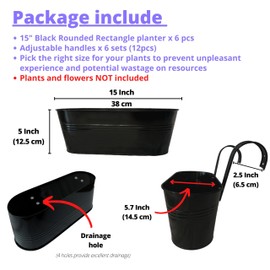 LaLaGreen Outdoor Plants Rail Planter (15 Inch, 6 Pack) Black Metal Iron Hanging Flower Pots Deck Railings Fence Balcony Buckets Modern Boho Style Window Box Plant Holder Hooks Porch Home Garden Decor