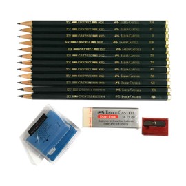 Faber-Castell 9000 Art Graphite Sketch Wood Pencil Set 12 Counts With 12 Degree of Hardness (2H,H,F,HB,B,2B,3B,4B,5B,6B,7B,8B) + 1 Kneaded Art Eraser + 1 Large Dust Free Eraser + 1 Sharpener