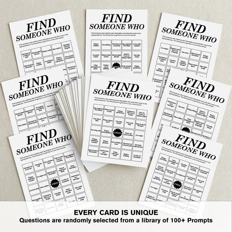 Find Someone Who Bingo Cards, 25 Unique Randomized 5x7 Sheets,