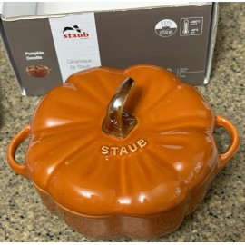 Staub Ceramic Pumpkin Cocotte 5” .5 Qt Cinnamon Orange NIB 2 Piece Harvest