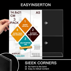 ROSSHINE A5 Menu Holders, 3pack Slant Back Acrylic Sign Holder, A5 Clear Poster Holder Perspex Display Stand for Office School Home Restaurant