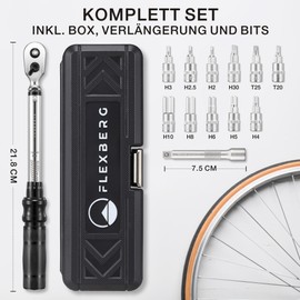 FLEXBERG Torque Wrench Bicycle Set 2-20 Nm, Torque Wrench 1/4, Precise Torque Wrench Set for Bike and Motorcycle, Bicycle Tool Set, Includes 11 Bits & Extension