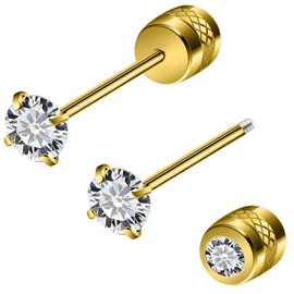 Jenxnjsjo 14k Carat Gold Plated Small 4mm Diamond Stud Earrings for Women Newly Pierced Ears 20g Cartilage Tragus With Twist Screw Safety Locking Flat Backs Hypoallergenic Surgical Stainless Steel