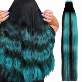 Tape in Hair Extensions Human Hair Ombre Balayage Black Roots to Green Highlight Black Seamless Invisible Tape in Hair Extensions Colored Straight Real Remy Human Hair Weft 18 Inch 20 Gram 10 Pieces