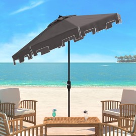SAFAVIEH Outdoor Collection Zimmerman Grey/White Trim 11FT Round Market Umbrella