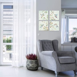 Renditions Gallery Canvas Wall Art, 4 Panels Set 12x12 Inches Each Framed Artwork, Hummingbird Spring Flowers Vintage Painting Pictures for Home Décor