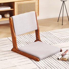 Foldable Tatami Chair, Japanese loor Chair, Wood Legless Back Rest Chair with Cushion, Accent Meditation Floor Chair Bay Window, Walnut Grey