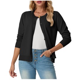GRECERELLE Womens Summer Soft Cardigans Knit Lightweight Long Sleeve Ladies Black Cardigan Solid Crew Neck Jumper Casual Button Down Sweaters for Women UK，Summer Nights and Dating (Black, L)