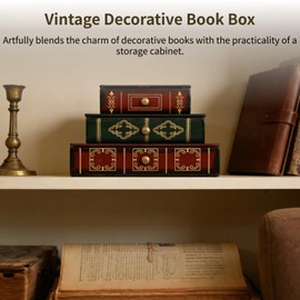 Toyosport Vintage Decorative Book Box, Faux Wooden Book Storage Box with Three Drawers, Retro Desktop Keepsake Storage for Jewelry, Keys, Cards, Photos, Home Decor