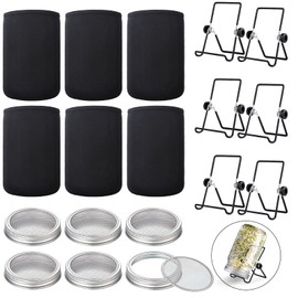 6 Pack Sprouting Lids with Stainless Steel Jar Stands, Blackout Sleeves, Kit for Wide Mouth Mason Jars, Organic Sprouts