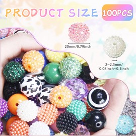 100 Pcs 20mm Beads for Pens Rhinestone Bubblegum Beads Mixed Crystal Acrylic Round Chunky Beads Sparkly Craft Large Balls Beads for Pen Beadable Keychain Bracelet Necklace DIY Jewelry Making Supplies