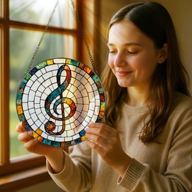 Stained Glass Window Hanging, Pauyadu 8 Inch Musical Stained Glass Suncatcher, Window Decor, Musician Home Decor, Musician Gift, Music Teacher Gifts, Music Accessory, Singer Gift