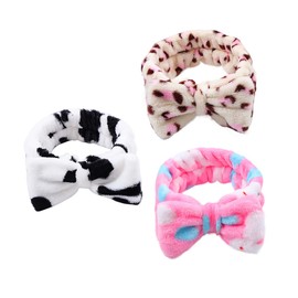 Healvian 3pcs Bowknot Headband for Women Soft and Stretchable Facial Headbands for Washing Face Makeup Adorable Design Cow and Leopard Print