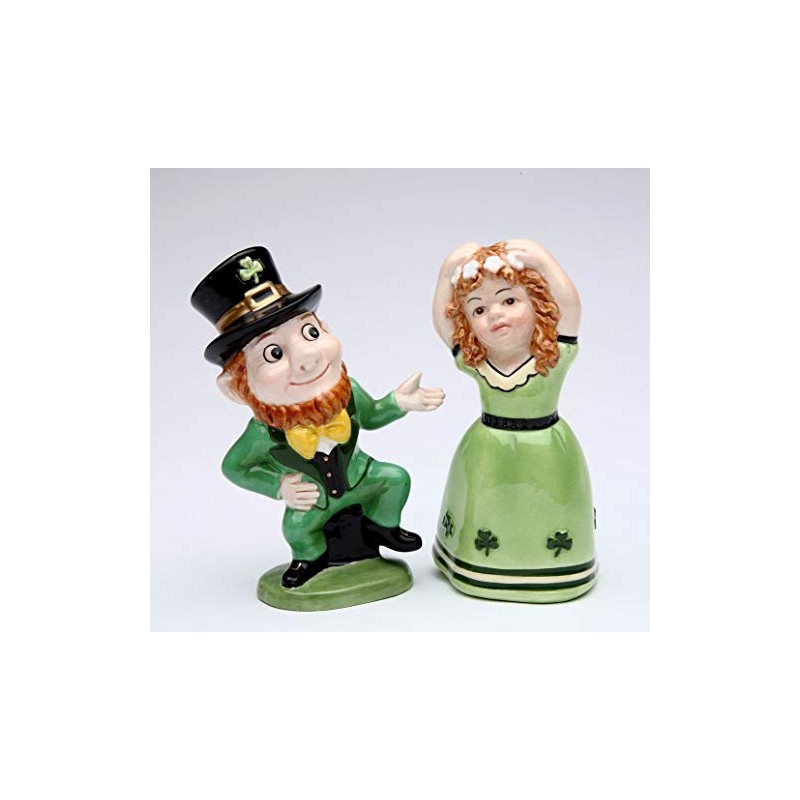 Fine Ceramic Irish Dancing Leprechaun and Girl Salt & Pepper