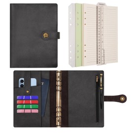 Wonderpool A5 Binder Travel Diary Journal Notebook, College Ruled Paper Refillable, Leather Budget Binder Rings Organizer with Pen for Office School Business Planning Writing (Black,A5)