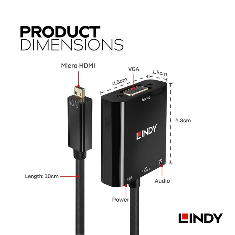 LINDY Micro HDMI (Type-D) to VGA/Audio Active Converter Adapter Cable