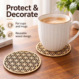 Flower of Life Wooden Coasters for Crystal Displays & Home Decor – 10 Pack Carved Round Wood Mats, 3.9 Inch Decorative Set