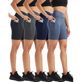 CADMUS 4 Pack Women's Biker Shorts Naked Feeling 8'' Spandex Shorts, Black,Grey,Navy Blue, Deep Blue,S