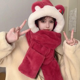 JIAHG Cute Strawberry Bear Ears Hat Scarf Gloves Set Plush Faux Fur Hooded Scarf with Pocket Mittens Warm Winter Hood Furry 3 in 1 Hat Set Cozy Cold Weather Accessory for Women Girls