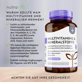 Multivitamins & Minerals, 365 Vegan Multivitamin Tablets, Supply for 1 Year, Multivitamin Tablets for Men and Women with 26 Essential Active Vitamins & Minerals