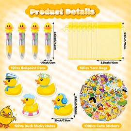 CY2SIDE Yellow Rubber Duck Stationery Gift- 12 Pack Yellow Cute Animal Stationery Party Set Include 4-in-1 Duck Ballpoint Pens Sticky Notes Stickers and Organza Goodie Bag Filler for Kid School Reward