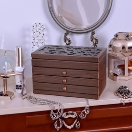 Xloverise Wooden Jewelry Box, 4 Layer Wooden Jewelry Box for Women, Vintage Jewelry Organizer Boxes Wood for Jewelery, Necklaces, Rings(Brown)