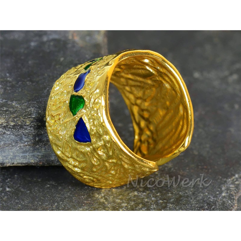 NicoWerk SRI656 Women's Rustic 925 Sterling Silver Wide Golden Mosaic