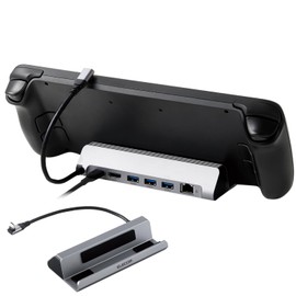 Elecom DST-W04 Rog Ally ASUS/Steam Deck/Claw A1M MSI Compatible, USB-C Hub, Docking Station Dock, 6-in-1, PD Support, 100 W (85 W Output), Standing Type, LAN Port, Ethernet, HDMI, 4K60Hz, Silver