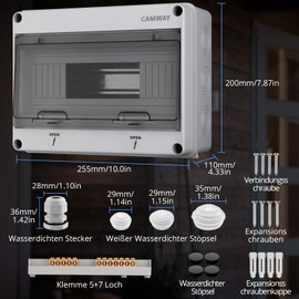 CAMWAY Surface-Mounted Fuse Box, 1 Row, 12 Modules, Surface-Mounted Distribution Box, IP65 Waterproof, Distribution Box with Circumferential Seal and Brass Clamps, Fuse Box for Garden or Outdoor Use