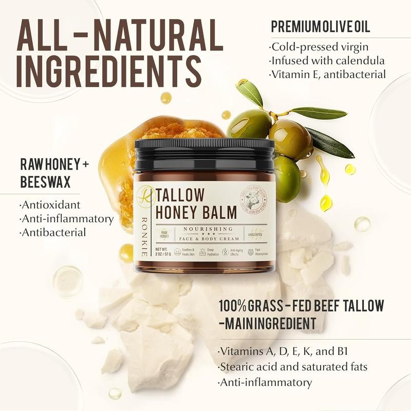 Beef Tallow & Raw Honey Balm: Grass-Fed, Unscented Moisturizer for
