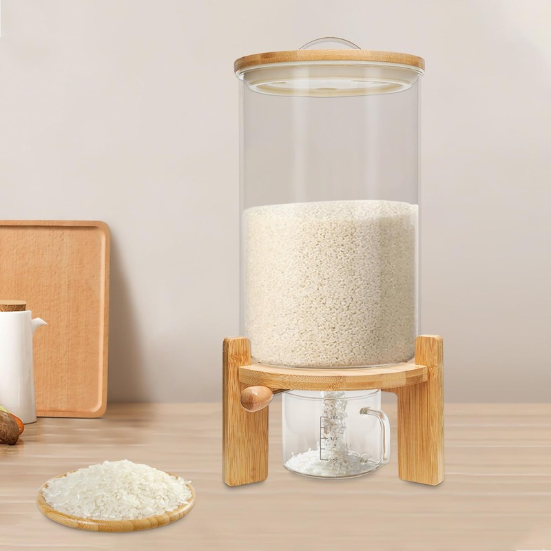 KONKENIE 7.5L/5L Grain Storage Tank Dispenser with Base+Valve+Cup Glass Rice