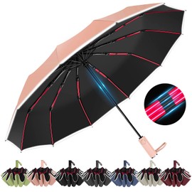 Rain and Sunproof Folding Umbrella with Reflective Strips, 12 Red Ribs (3 Ribs+2 Ribs) Portable Foldable Backpack Large Umbrella for Cars Compact Umbrellas for Men and Women, Powdered