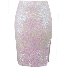 Vijiv Women's Knee Length Sequin Pencil Skirts High Waist Elegant Stretchy Sparkle Party Skirts Cocktail Wedding White Large