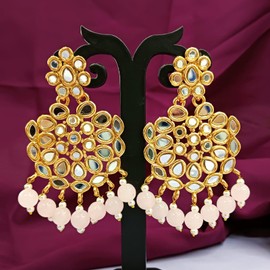 Efulgenz Indian Earrings for Women Indian Jewelry Bollywood Antique Gold Tone Faux Pearl Crystal Kundan Dangle Wedding Earrings Set