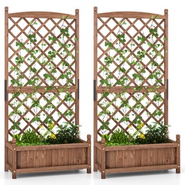 Happygrill Raised Garden Bed with Trellis, Large Planting Box w/Drainage Holes, 60” Wooden Garden Planter w/Diamond Lattice Trellis for Climbing Plants, Outdoor Planter Box for Patio (2, Coffee)