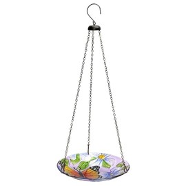Alpine Corporation KBD118 Outdoor Hanging Glass Bird Feeder and Birdbath, Flowers and Butterfly Design with Chain, 10" W, Multicolor