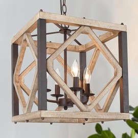 LALUZ Farmhouse Chandelier, 4-Light Rustic Wood Dining Room Chandelier Light Fixture, Cage Cube Wooden Pendant Chandeliers for Dining Room, Living Room, Bedroom, Entryway