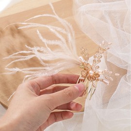 Coucoland Wedding Bridal Hair Accessories - Wedding Rhinestone Feather Hair Clip Pearl Bridal Comb Bride Pieces for Women(Rose Gold)