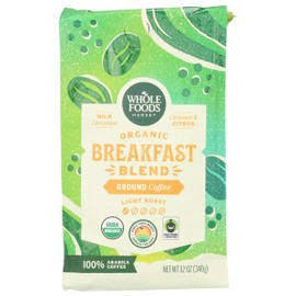 Whole Foods Market, Organic Breakfast Blend Ground Coffee, Light Roast, Milk Chocolate, Caramel & Citrus, 12 Ounce