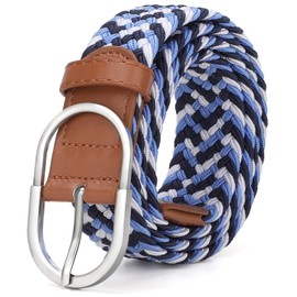SANSTHS Braided Woven Stretch Belt Women Men Web Casual Unisex Mixed Color Woven Elastic Golf Belts for Jeans Pants, Blue and White S