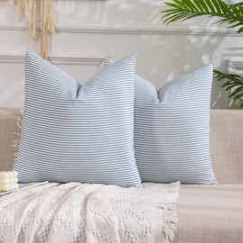 CARRIE HOME Light Blue Boho Striped Pillow Covers 18x18 Farmhouse Outdoor Pillow Covers Blue Room Decor for Couch Sofa Bedroom Set of 2