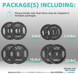 Fitvids Olympic Cast Iron 2-Inch Weight Plates Including 5FT Olympic Barbell Bar & Safely Locks, 100 Pounds Set (85 Lbs Plates + 15 Lbs Barbell Bar), Multiple Packages